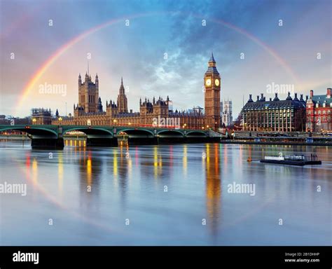 London With Rainbow Houses Of Parliament Big Ben Stock Photo Alamy