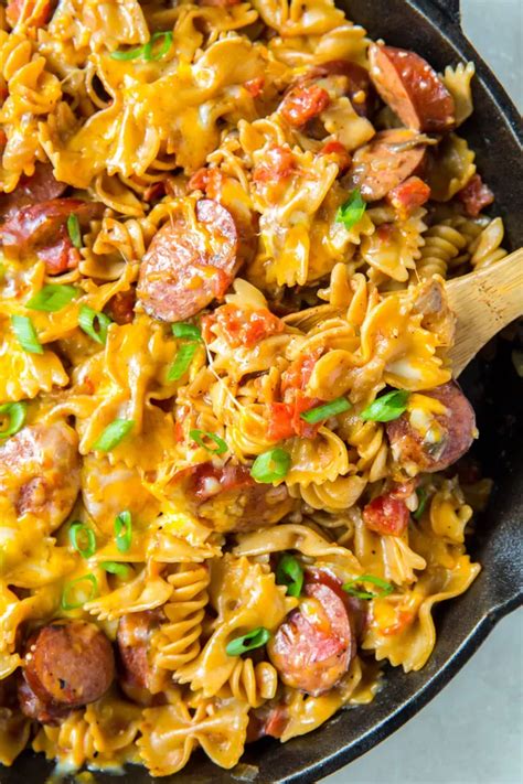 Sprinkle with remaining onions and cheeses. On Pan Cheesy Smoked Sausage Pasta Skillet | Recipe in ...