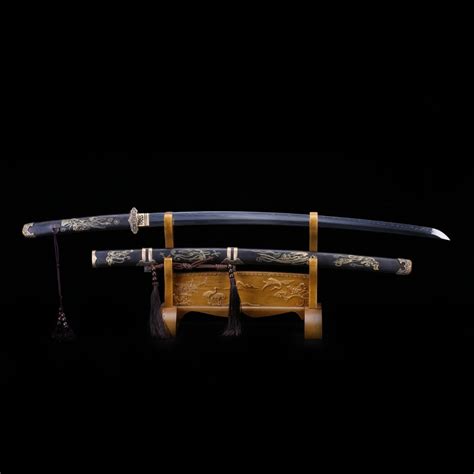 Black Samurai Sword T10 Carbon Steel Real Japanese Katana With Carved