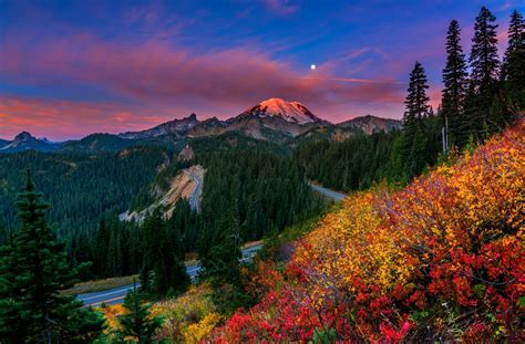 Download Mount Rainier Washington Mountain Road Fall Moon Cloud Wood