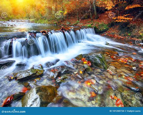 Mountain River With Rapids And Waterfalls At Autumn Time Stock Photo