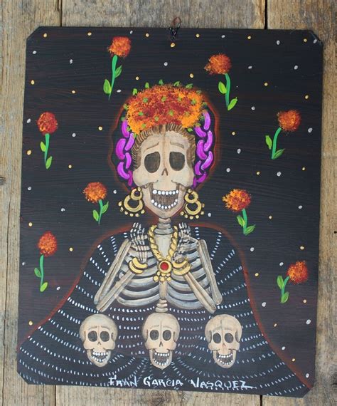 Naive Tin Painting Retablo Frida Kahlo Skeleton Mexican Folk Art Day Of