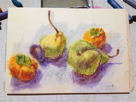 Original Oil Pastel Drawing Yellow Pears Fruits Vase Etsy