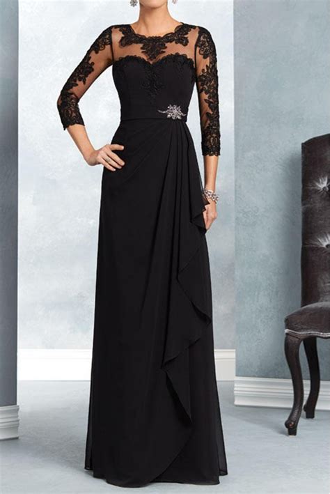 34 Length Sleeves Long Black Chiffon Lace Mother Of The Bride Dresses