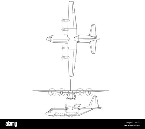3 View Aircraft Line Art Drawing The C 130 Is A Four Turboprop Engine