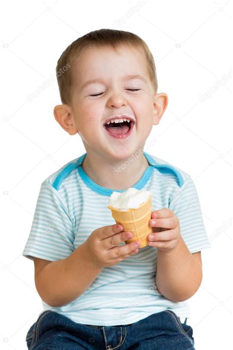 Happy Kid Boy Eating Ice Cream In Studio Isolated ⬇ Stock Photo Image