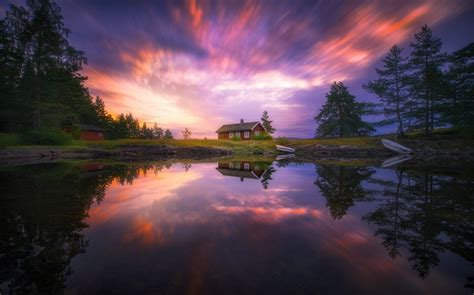 Sunset Norway Mountains Reflection Lake Boat Hd Wallpaper