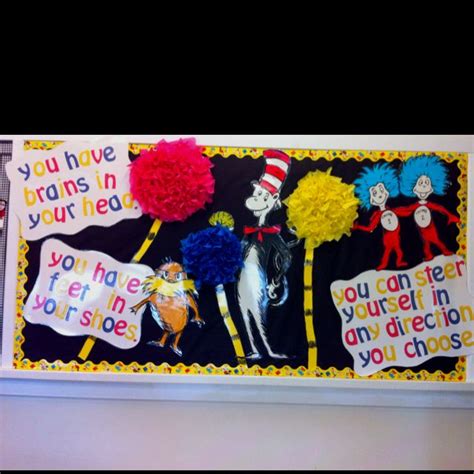 whimsical dr seuss bulletin board with the lorax cat in the hat and thing one thing two