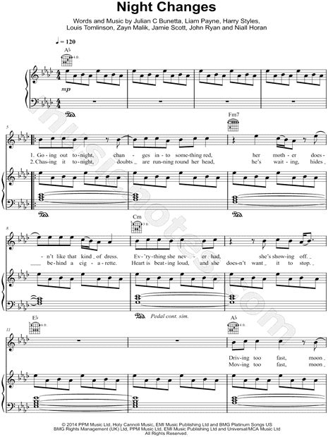 One Direction Night Changes Sheet Music Download And Print Piano