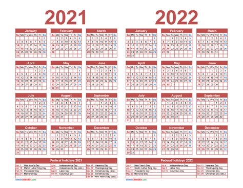 2021 and 2022 calendar printable with holidays