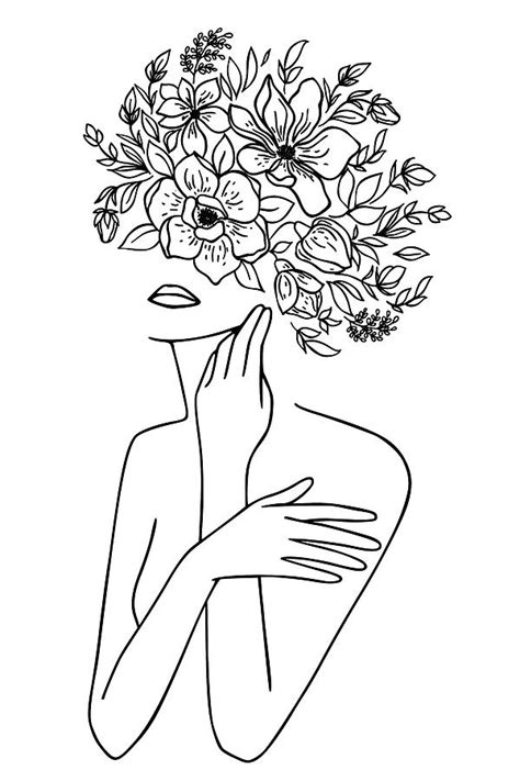 Woman With Flowers Minimal Line Art Drawing By Maria Heyens Fine Art