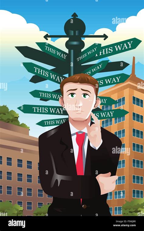 A Vector Illustration Of Confused Businessman Under A Street Sign With