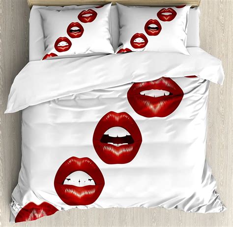 kiss duvet cover set queen size vivid full red lips smiling kissing sexy lipstick mouth mimicry