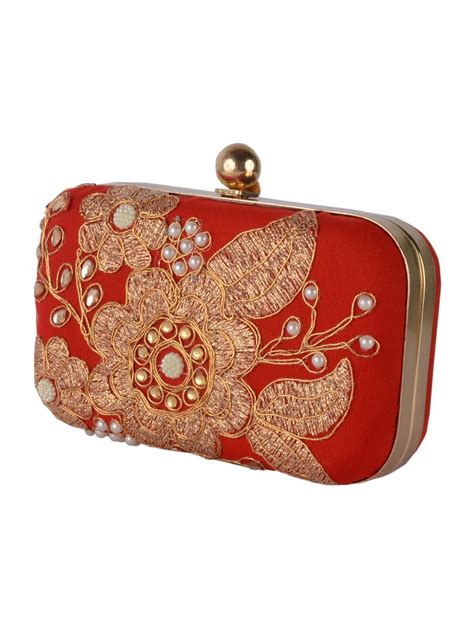 Buy Online Embroidered Box Clutch With Detachable Strap From Bags For