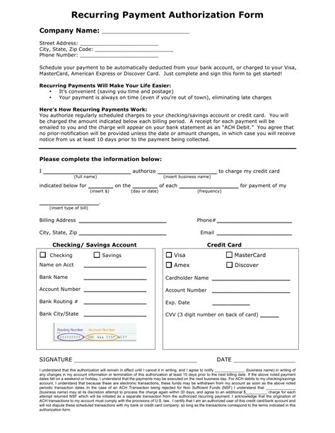 A credit card authorization form is a document that allows a third party to make payments by using another individual's written consent and credit card credentials. Download Recurring Payment Authorization Form Template | Credit Card | ACH | PDF | RTF | Word ...