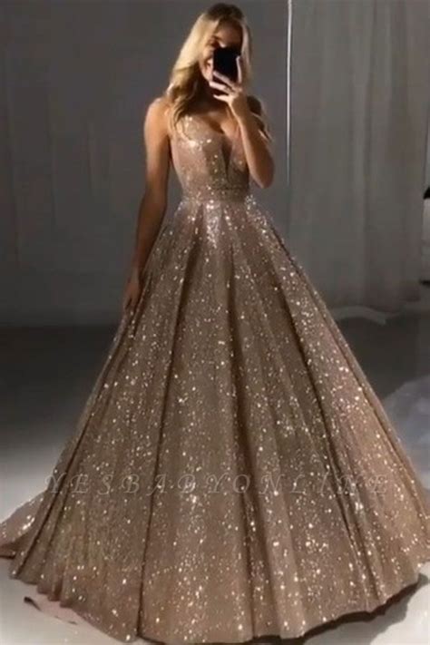 Shiny Gold Ball Gown Evening Dresses Sexy V Neck Sequin Prom Dresses Yesbabyonline Com