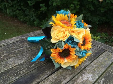 Artificial Sunflower Yellow And Teal Wedding Bouquet