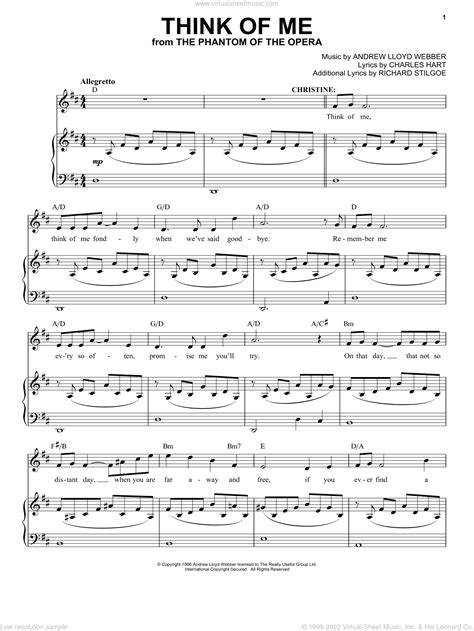 Webber Think Of Me From The Phantom Of The Opera Sheet Music For Voice And Piano