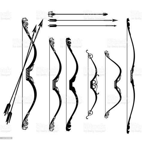 Fantasy Archer Bow And Arrows Black Vector Design Set Stock