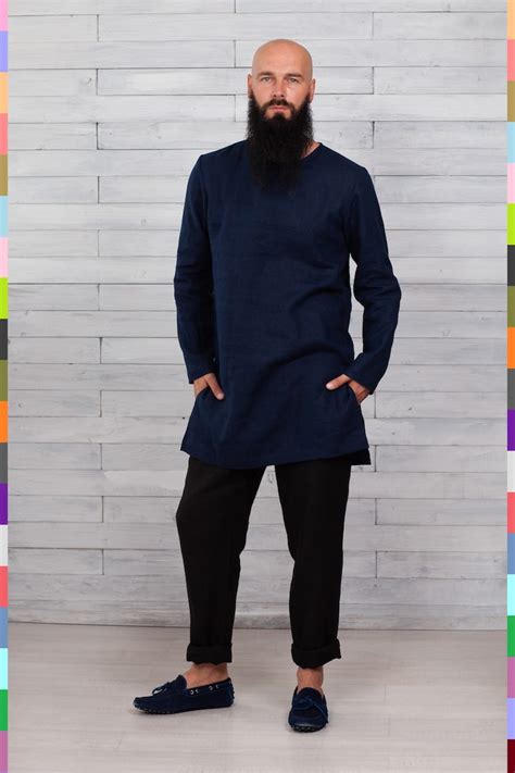 Blue Mens Tunic Navy Basic Shirt Stylish Mans Etsy Uk