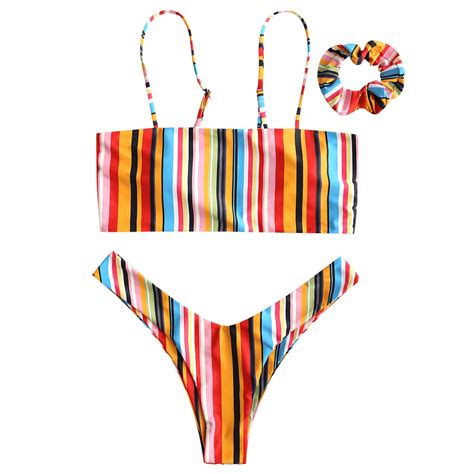 Colorful Striped Cami Bikini Set With Headband Rainbow High Leg Swimsuit Summer Bathing Suit