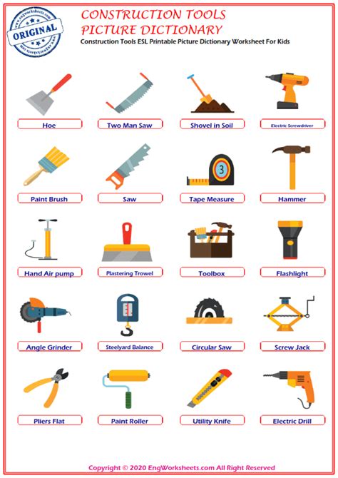 Construction Tools ESL Vocabulary Worksheets