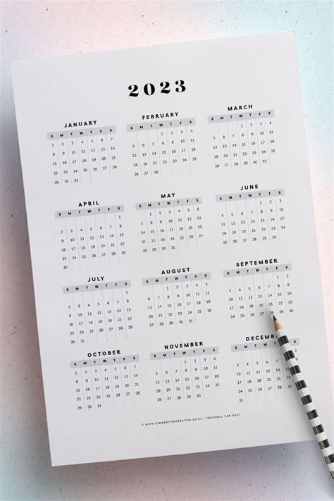 Free Printable 2023 Year At A Glance Calendar Clean Simple Design