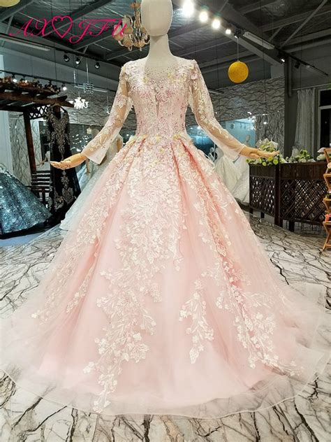 Axjfu Princess Pink Flower Lace Luxury Beading Crystal Evening Dress Vintage Long Sleeve Evening