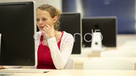 Young Female Student Working Alone In A Computer Classroom Stock