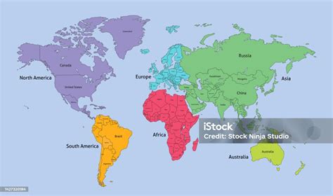 Vetores De Mapa Mundial Dividido Em Seis Continentes Com Nomes De