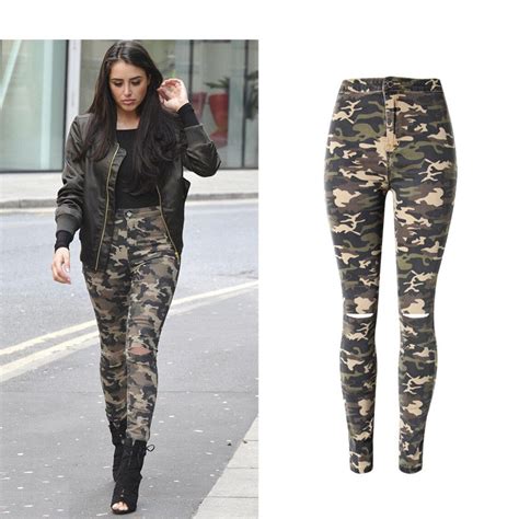 Jeans Female Army Camouflage High Waist Denim Fashion Stretchable Full Length Skinny Knee Ripped