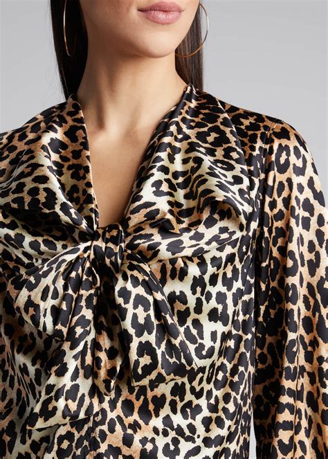 Ganni Stretch Satin Leopard-Print Bow Blouse - Bergdorf Goodman