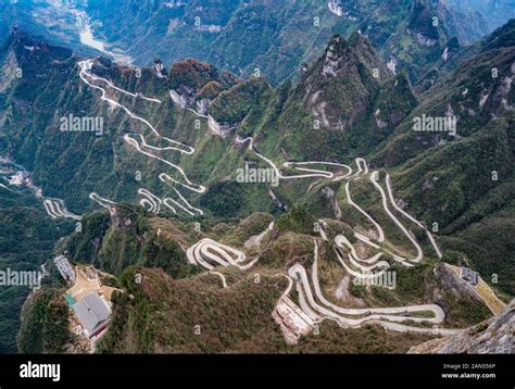 View Of The Skyline Winding Tianmen Mountain 99 Bending Road In