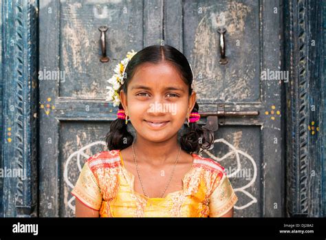 Rural Indian Village Girl Standing In Front Of House Doors Andhra