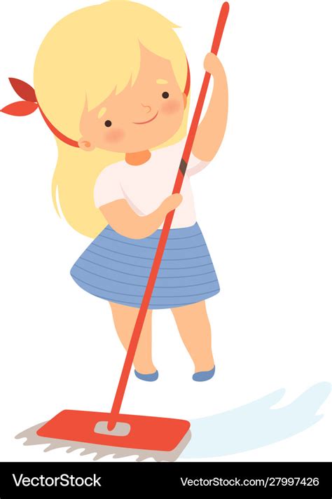 Little Girl Cleaning Floor With Mop On Her Own Vector Image