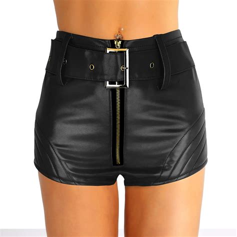 iefiel women wetlook crotch zipper faux leather high waisted booty shorts brief style bottoms