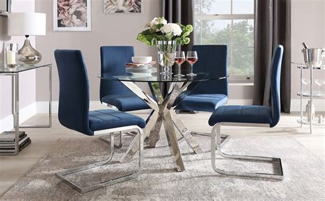 Plaza Round Chrome And Glass Dining Table With 4 Perth Blue Velvet Chairs Furniture Choice
