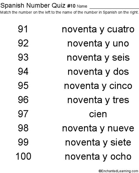 Spanish Numbers Quiz 10 Printout Childrens Dictionary