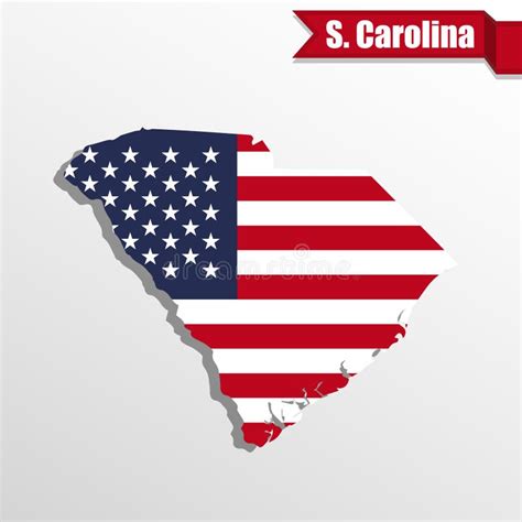 South Carolina State Map With Us Flag Inside And Ribbon Stock