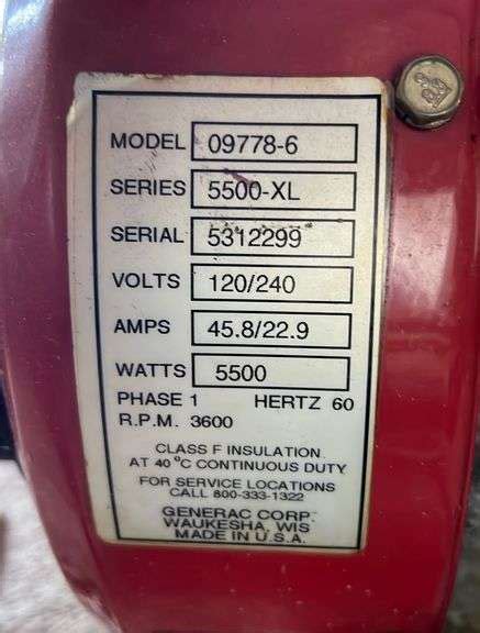 Generac 5500 Xl Generator Runs • Model 097786 • Serial 5312299