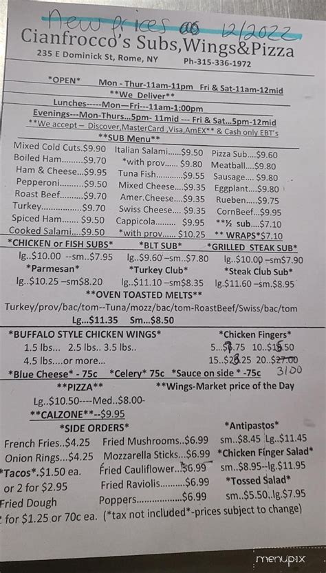 Menu Of Cianfrocco S Subs Amp Wings In Rome Ny 13440