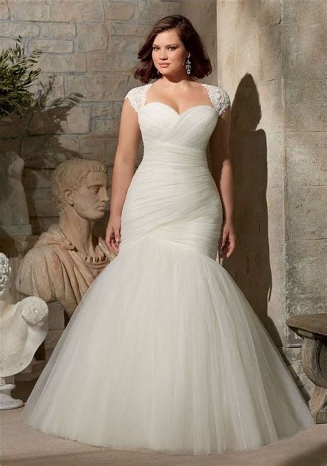 flare mermaid ruched tulle corset plus size wedding dress detachable cap sleeve… wedding
