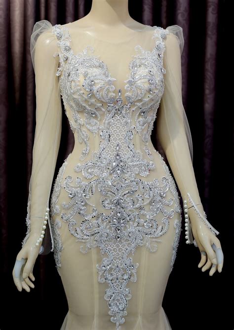 Alluring Gold Nude Gold Beaded Crystals Mermaid Wedding Evening Dress