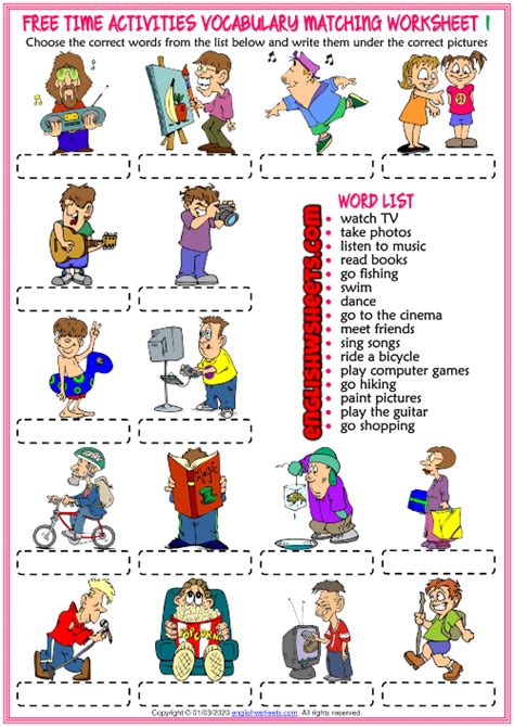 Free Time Activities Esl Matching Exercise Worksheets