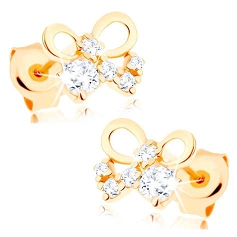 Stud Earrings Made Of 9k Yellow Gold Shiny Bow Clear Zircons