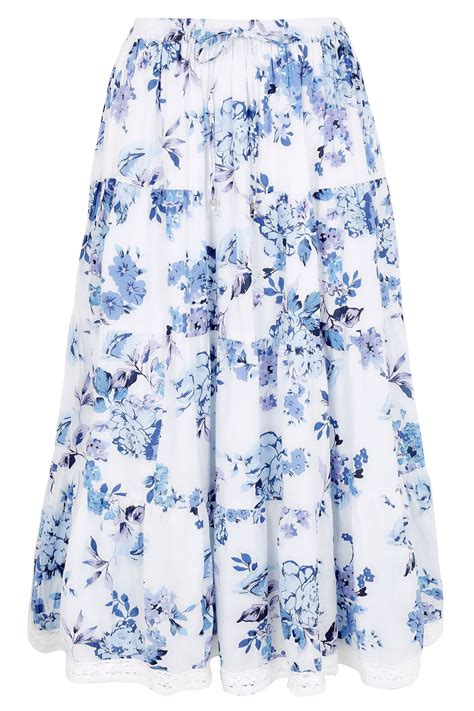 Blue And White Floral Print Tiered Maxi Skirt With Lace Trim Hem Plus