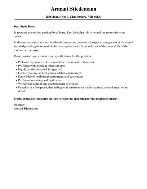 Culinary Cover Letter | Velvet Jobs
