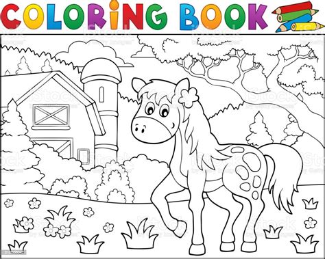 Ilustración de Libro Para Colorear Con Caballos Cerca De Granja Tema 1
