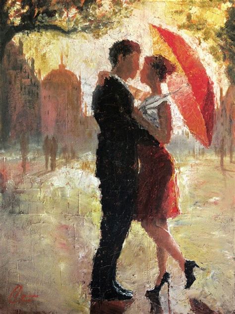Items Similar To Original Oil Painting Romantic Couple In The City With Red Umbrella Red