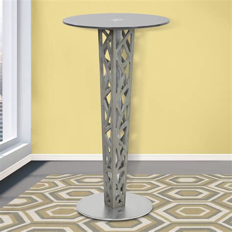 Armen Living Crystal Pub Table With Gray Walnut Veneer Column And Brushed Stainless Steel Finish